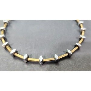 Bou Cou Metal Choker Necklace 15 inch Brass Silver Tone Beads Geometric